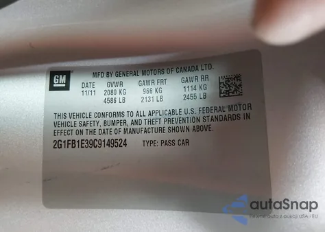 2012 Chevrolet Camaro 1Lt from USA, damaged, VIN 2G1FB1E39C9149524